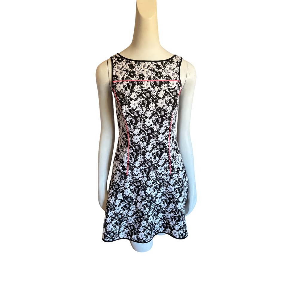 Banana Republic Floral Jacquard Mini Dress Black White Pink Piping Womens Size 2